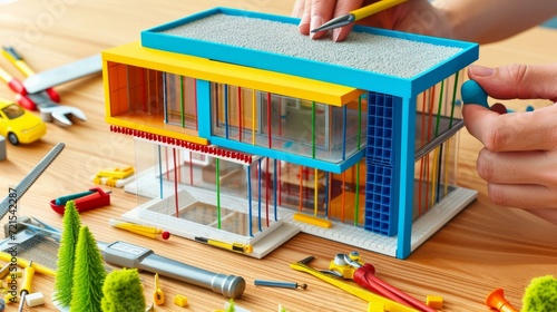 A person is building a colorful and modern miniature house with a blue roof using tweezers and a stick
