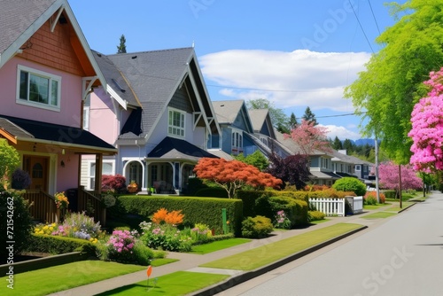 Colorful suburban street with blooming trees and flowers