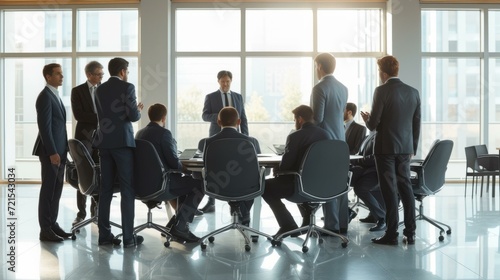 Business meeting of a group of people in suits in a modern office space