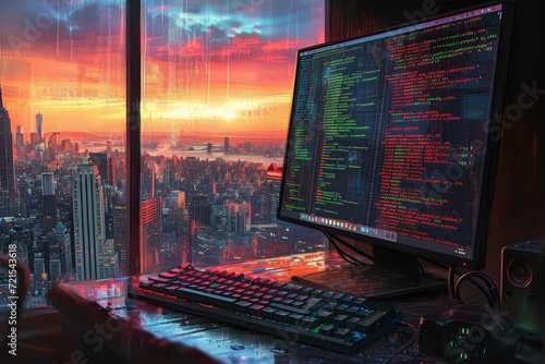 A hacker is coding in front of a window with a city skyline in the background.