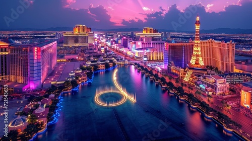 Night view of the Las Vegas Strip with the Bellagio Fountains in the foreground