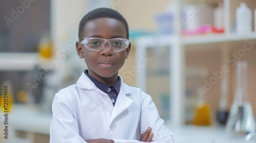 Portrait of African student in lab coat uniform arm crossed wearing safety eyeglass in laboratory,