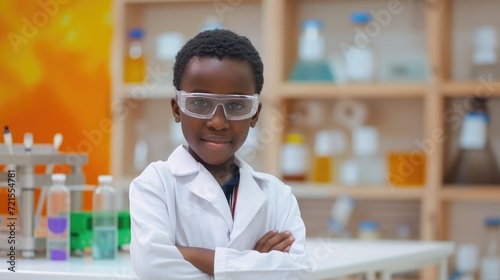 Portrait of African student in lab coat uniform arm crossed wearing safety eyeglass in laboratory,