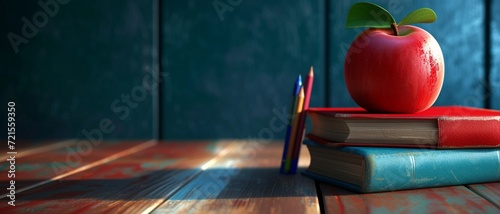 Ready for school concept background. School books with fresh apple and copy space. 3D Rendering, 3D Illustration