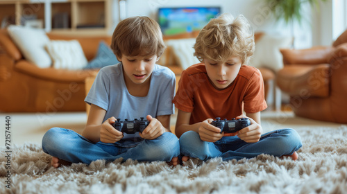 Two boys, of young age, sitting on the floor engaged in playing a video game.