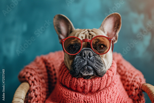 A stylish fawn-colored dog, wearing a red sweater and glasses, lounges indoors as a beloved pet of its human companions