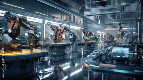 A futuristic assembly line, where robots collaborate seamlessly, their metallic limbs orchestrating a symphony of efficiency, heralding the dawn of a new era in automation.