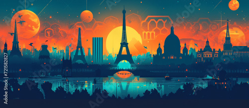 Sunset over Paris skyline creates a stunning backdrop with iconic silhouettes and reflections.