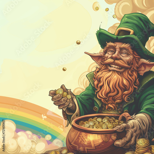 Leprechaun, vieux farfadet roux poilu habillé de vert avec son chaudron rempli d'un trésor au pied d'un arc-en-ciel symboles de la St Patrick ou Patrice, 17 mars
