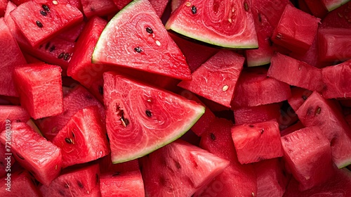 Top view of macro close up of juicy and fresh watermelon wedges on a white background