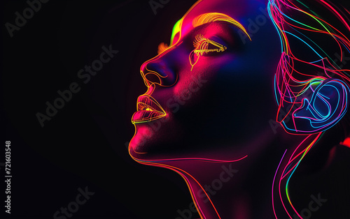  Renderização 3D, fundo minimalista abstrato. rosto feminino mulher de néon brilhante, linha simples com loops, gradiente violeta azul rosa vermelho, papel de parede ultravioleta moderno