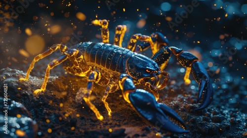 A close up view of a scorpion on the ground. This image can be used to depict wildlife, desert creatures, or dangerous animals