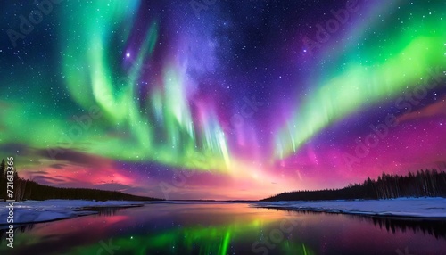 Northern lights in the sky over the lake. Aurora borealis.