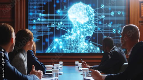 Group of corporate professionals intensely discussing the ethical implications of artificial intelligence in a modern conference room, illuminated by a holographic brain projection