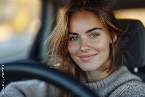 Beautiful young happy woman with warm smile driving her car. Close up portrait of female with glad positive expression enjoying travel