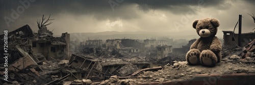 Sad teddy bear sitting in front of a city destroyed by war. Destroyed and bombed buildings show the destruction of war.
