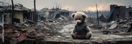 Sad teddy bear sitting in front of a city destroyed by war. Destroyed and bombed buildings show the destruction of war.