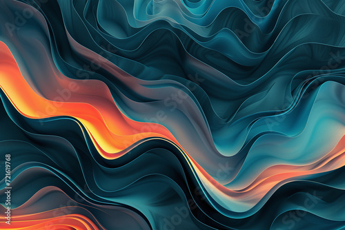 An abstract visualization of fluid waves, blending warm orange highlights with cool teal shadows to create a sense of depth and movement