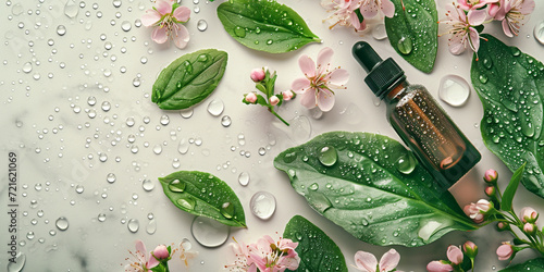 A homeopathic essence bottle surrounded by fresh green leaves and delicate pink flowers, adorned with water droplets, suggests natural and holistic healing.