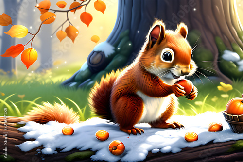 squirrel picking up an acorn under a-tree and eating it Generative AI