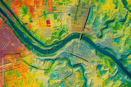 Digital elevation model. GIS 3D illustration made after proccesing aerial pictures taken from a drone. It shows lidar scanned, huge urban area of a city with roads and junctions between dense blocks