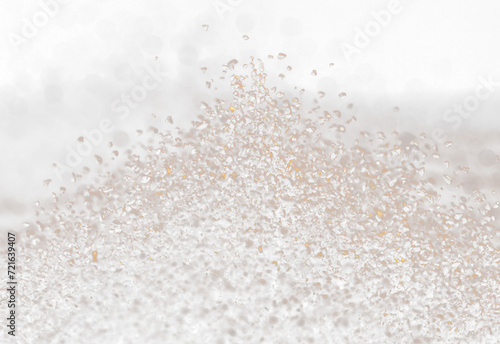 Ground Coffee roasted powder dust fly explosion, Coffee crushed ground float pouring. Roasted Coffee powder ground dust splash explosion in mid Air. Black background Isolated selective focus blur