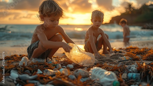 A candid image of children in a beach cleanup campaign, focused on putting a plastic bottle into a garbage bag. Realistic portrayal of the trash problem on the beach and the children's role in address