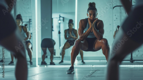 athletic trainer demonstrating a perfect squat form in a sleek, minimalist training studio, reflections on the mirror showing a small group of focused trainees, emphasizing the clarity and precision o
