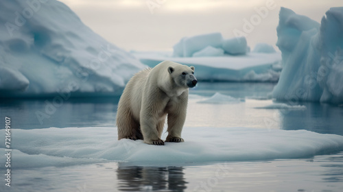 A solitary polar bear standing on a thinning ice floe amidst melting glaciers, highlighting climate change impact - Generative AI