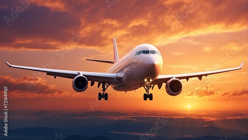 Airplane landing at sunset. Passenger plane flying in the sky