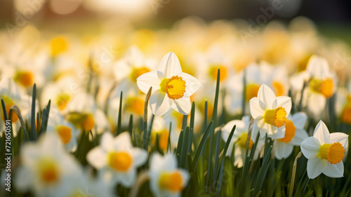 Daffodils in the meadow. Blooming narcissus flowers in spring. Selective focus and shallow depth of field. Bokeh background.