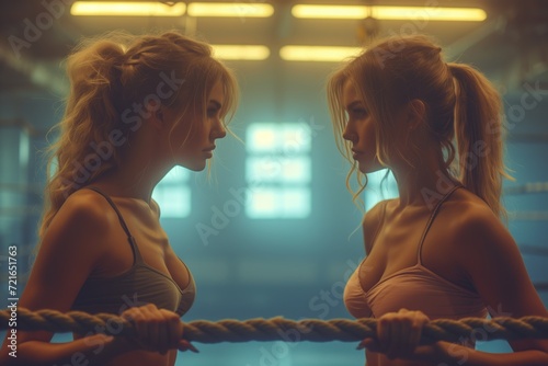 two woman on a box ring looking at each other before a box fight