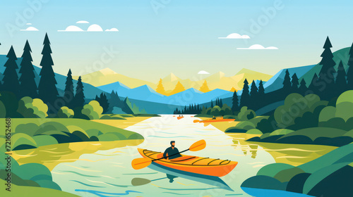 The Serene River: A Tranquil Waterfront Landscape with a Man Rowing in a Cartoon Style Illustration