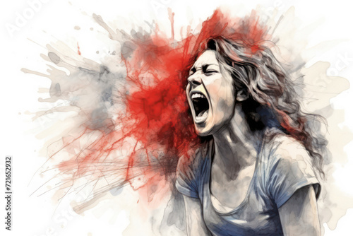 Furious Woman, Shouting in Anger, Portrait with Intense Expression of Rage and Frustration, on White Background