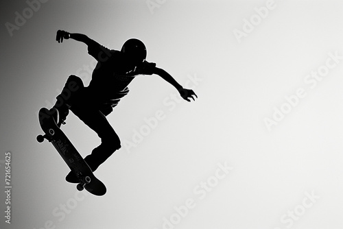 A skateboarder's aerial maneuver is frozen in mid-air, capturing the essence of youthful energy and dynamism in a minimalist, high-contrast photo
