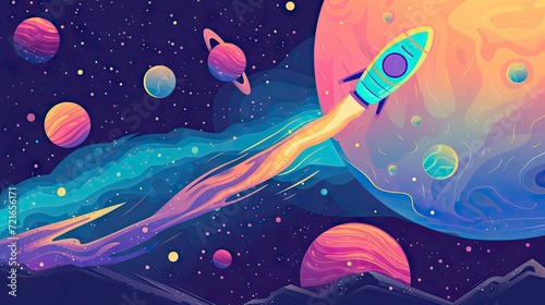 Pastel cute abstract background of galaxy planet and rocket.