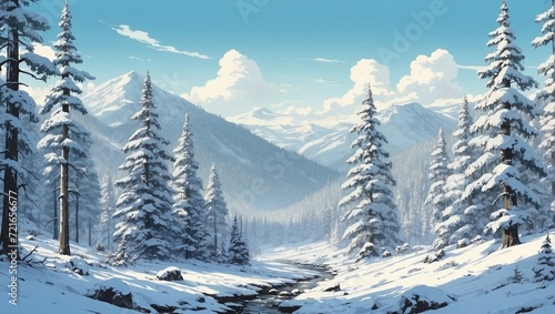 Retro illustration drawing of a snowy forest with sky