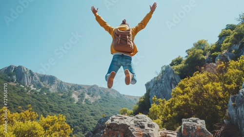 Man rise arms up jumping on the top of the mountain in the forest pathway.