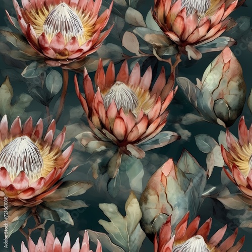 classic watercolor protea illustration in seamless pattern
