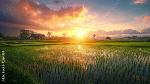 Golden Rhapsody in the Land of Verdant Serenity: Evening's Embrace on a Calm Rice Paddy