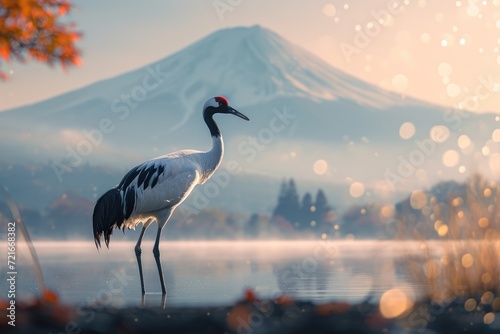 In the Shadow of Mount Fuji, Japan - A Red-Crowned Crane Graces the Serene Landscape, Perfectly Encapsulating Harmony with Tranquil Waters and Majestic Mountain. 