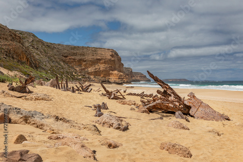 "Ethel" wrecked ship on Ethel Beach (1904) - Innes National Park, Yorke Peninsula, South Australia - large pieces of rusted iron jutting out from the sand