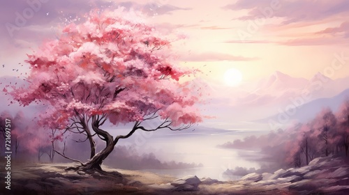 Romantic twilight scene painted in watercolors, featuring a delicate tree in bloom under a soft, fading sunlight