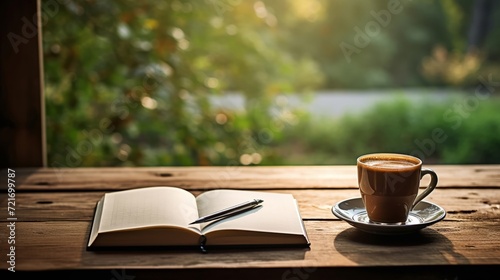 An artistic, soft-focus photo composition with a notebook and coffee on a rustic wood table, bathed in morning light