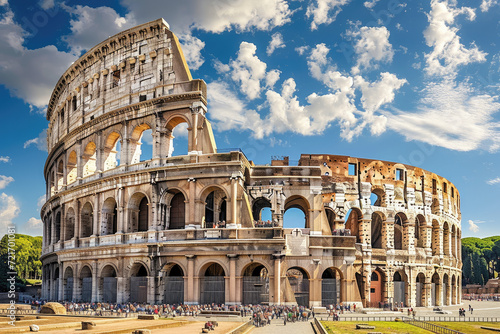 majestic roman coliseum with a beautiful blue sky with white clouds