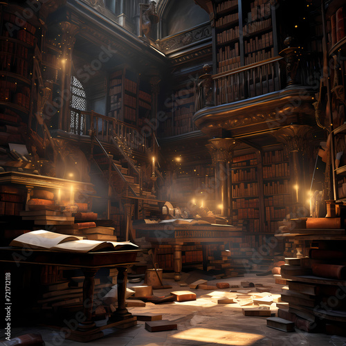 Ancient library with dusty books and hidden scrolls