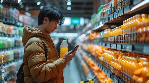Generative AI : Asian man choosing orange juice in supermarket using smartphone to check shopping list. 
