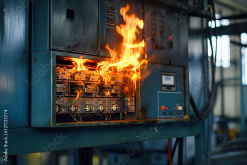 Fire broke out in an electrical panel due to short circuit and overload AI Generative 