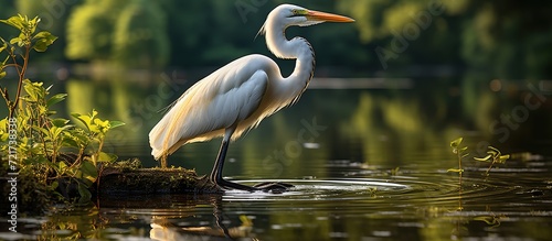 Great white egret or Egretta alba beside a beautiful lake. Concept of natural flora beauty