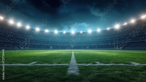 Panoramic view of a football stadium at night with lights